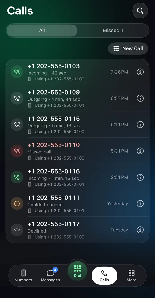 Vonode app, Calls screen: recent incoming, outgoing and missed calls, each showing the local number used (synthetic review data)