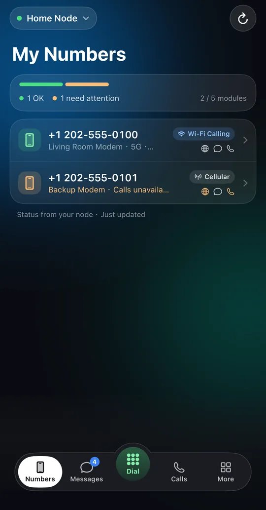Vonode app, My Numbers screen: a status bar for two modules, one number on Wi-Fi Calling and one on cellular (synthetic review data)