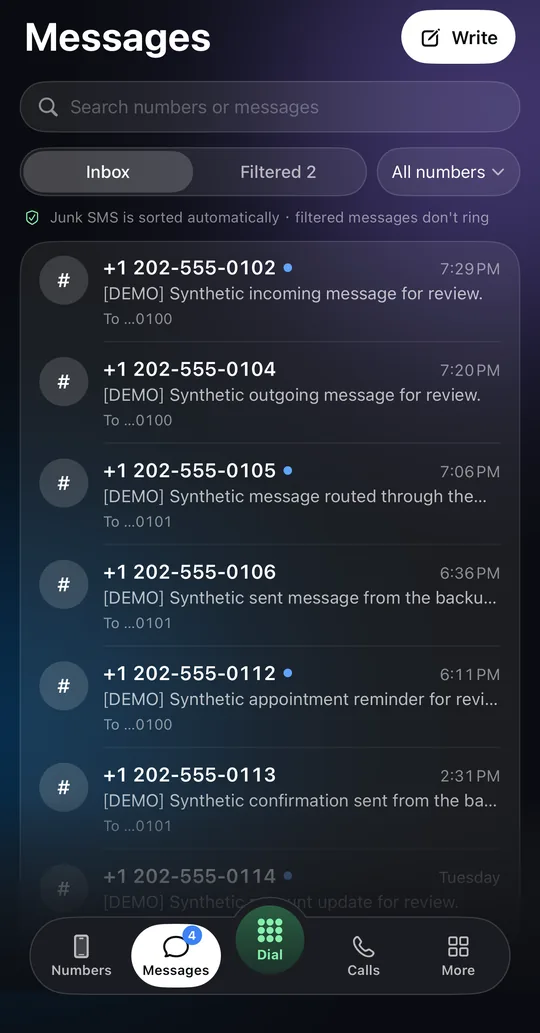 Vonode app, Messages screen with an inbox of synthetic review messages, a Filtered tab and a number filter