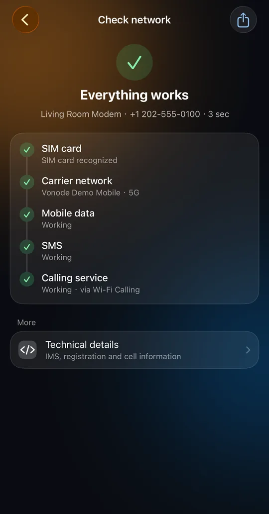 Vonode app, Check network screen: SIM card, carrier network, mobile data, SMS and calling service all working (synthetic review data)