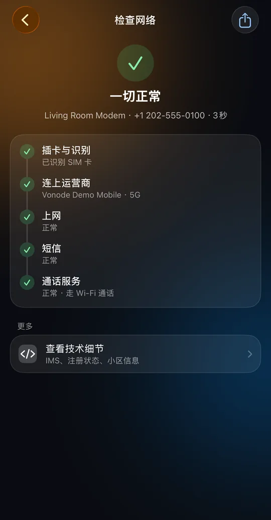 Vonode App 的“检查网络”页面:SIM 卡、运营商网络、移动数据、短信和通话服务均正常(合成数据)