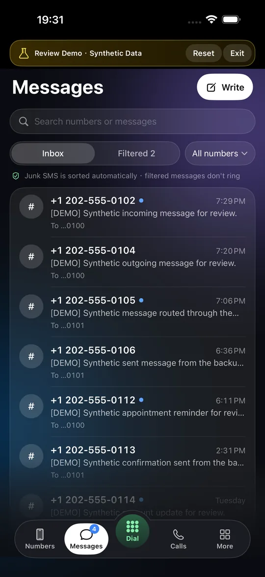Vonode app Messages tab: SMS conversations with sender, preview and time (synthetic review data)