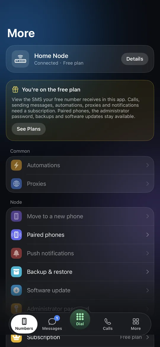 Vonode app More tab on the free plan, with the free plan card and the See Plans button (synthetic test data)