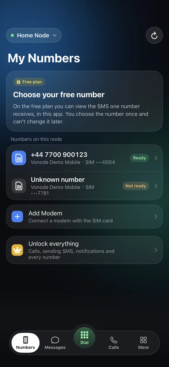 Vonode app Numbers tab on the free plan: the card Choose your free number and the node's numbers (synthetic test data)