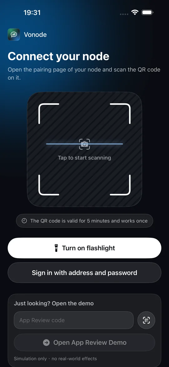 Vonode app onboarding screen Connect your node, with the QR scanner, the manual login option and the App Review code field (synthetic review data)