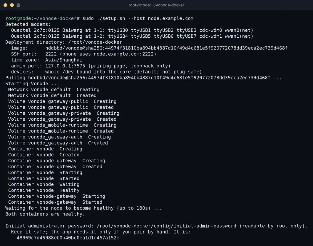Terminal output of sudo ./setup.sh --host node.example.com: two detected Quectel 2c7c:0125 modules with their device nodes, the deployment summary, Docker Compose starting the vonode and vonode-gateway containers, and the line Both containers are healthy