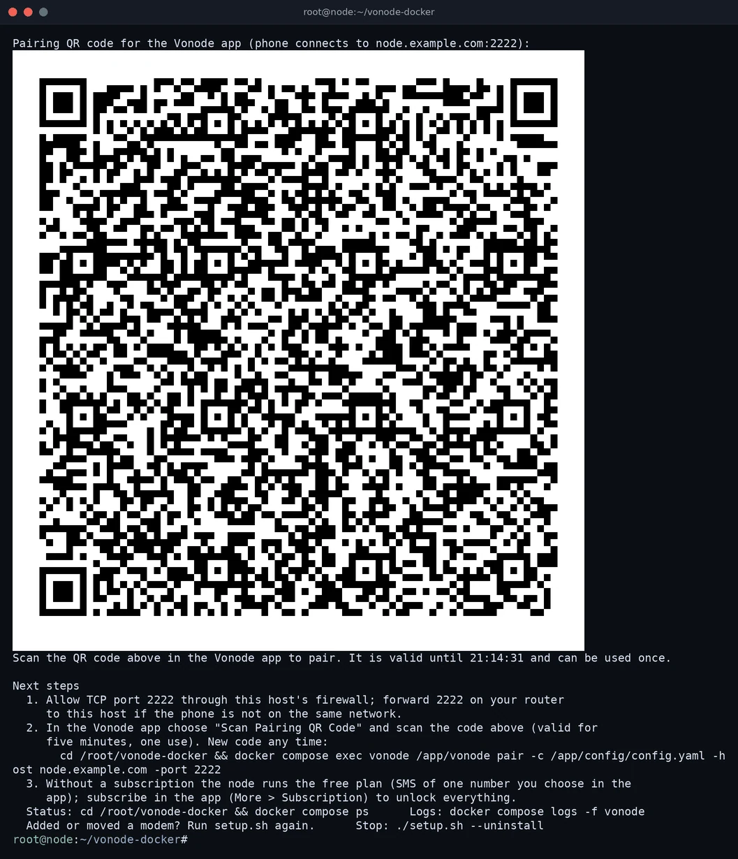 Terminal showing the pairing QR code as a black-on-white block graphic, the line Scan the QR code above in the Vonode app to pair, it is valid until a time five minutes later and can be used once, and the next steps (captured from the Docker setup script; the systemd pair command prints the same code)